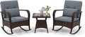 Tangkula 3 Pieces Rocking Bistro Set, Patiojoy Outdoor PE Rattan Rocker Chairs with Removable Cushions & Tempered Glass Top Coffee Table, Outdoor Wicker Furniture Set for Porch, Garden (Grey)