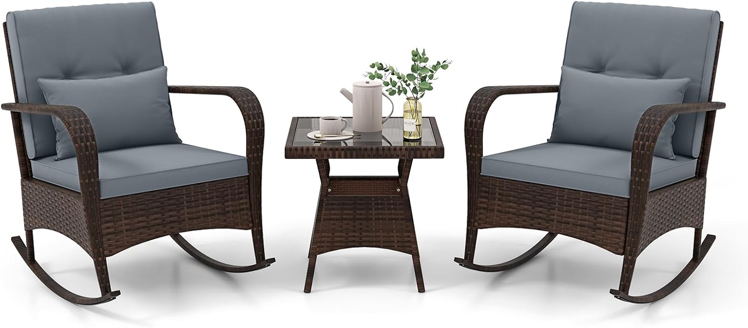 Tangkula 3 Pieces Rocking Bistro Set, Patiojoy Outdoor PE Rattan Rocker Chairs with Removable Cushions & Tempered Glass Top Coffee Table, Outdoor Wicker Furniture Set for Porch, Garden (Grey)