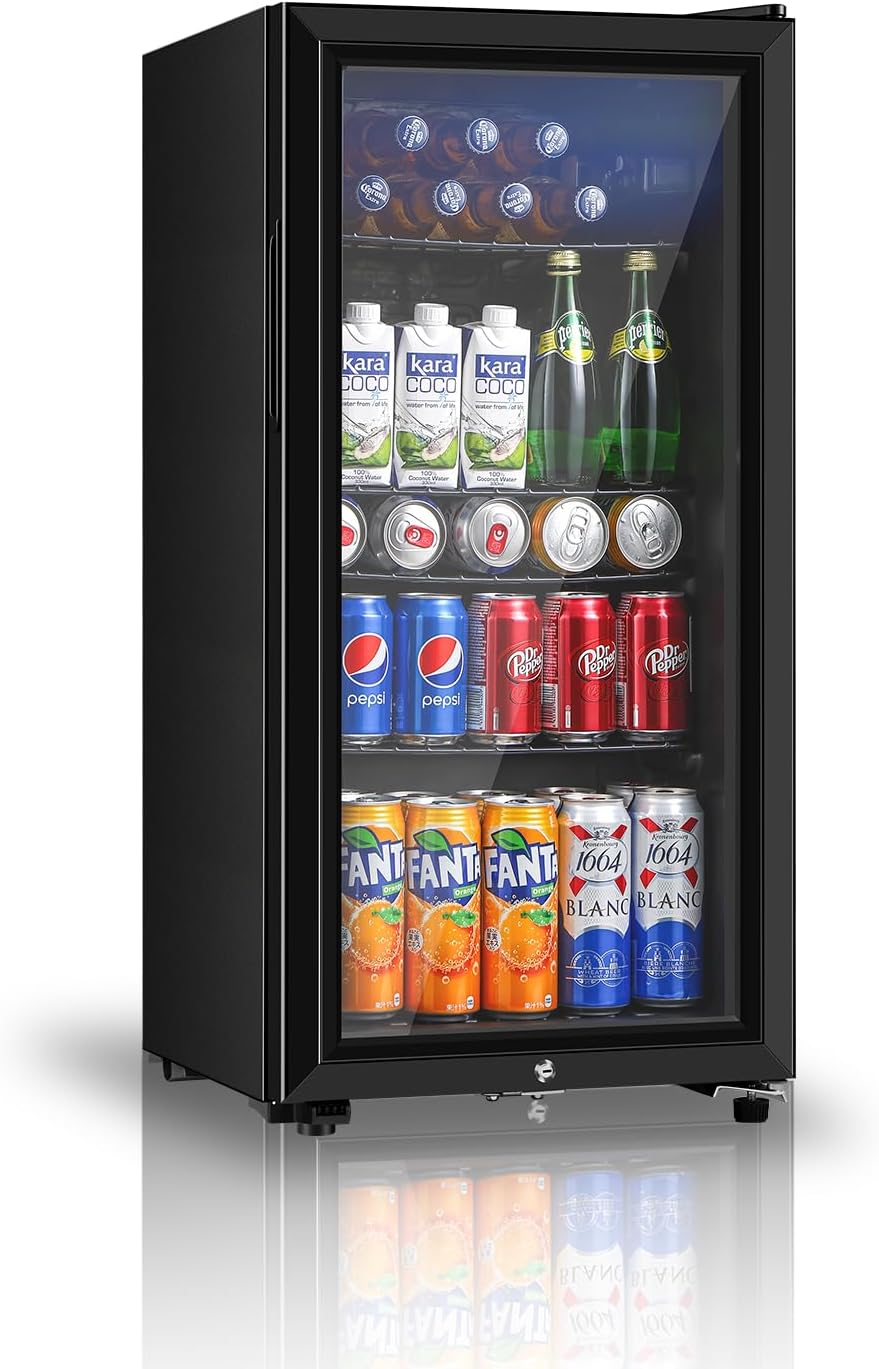 Saeoola Beverage Refrigerator, 3.2 Cu.ft Mini Fridge with Double Glass Door, Cooler for Soda, Beer or Wine for Home, Office or Bar with Adjustable Removable Shelves (Black)