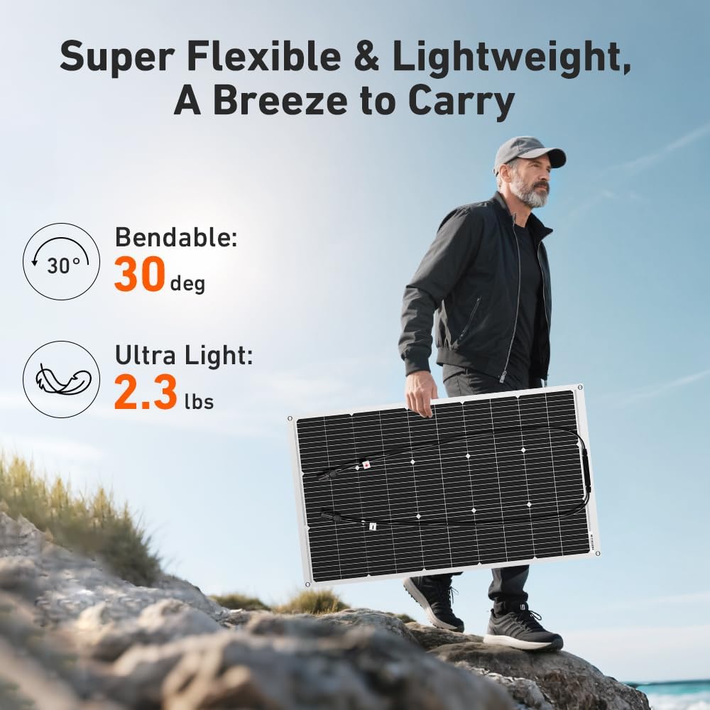 DOKIO 600W (6×100W) Flexible Solar Panels 18V Monocrystalline for 12V Battery Charging, Semi-Flexible ETFE with MC4, Series or Parallel Expansion for RV Boat Van Camper Trailer Off-Grid Power