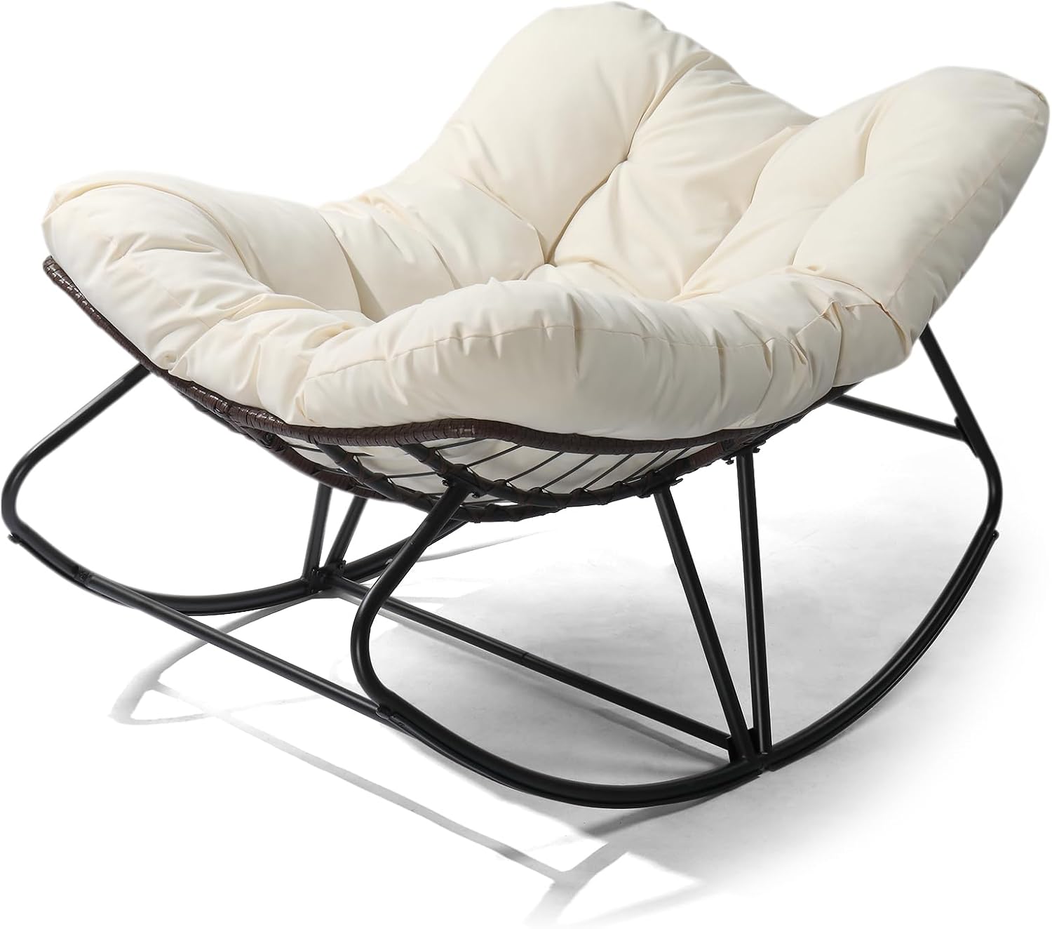 JOYBASE Outdoor Indoor Papasan Rocking Chair, Oversized Papasan Rocker with Cushion, Patio Wicker Comfy Egg Chair for Backyard Bedroom Living Room Lounge Reading (Beige)