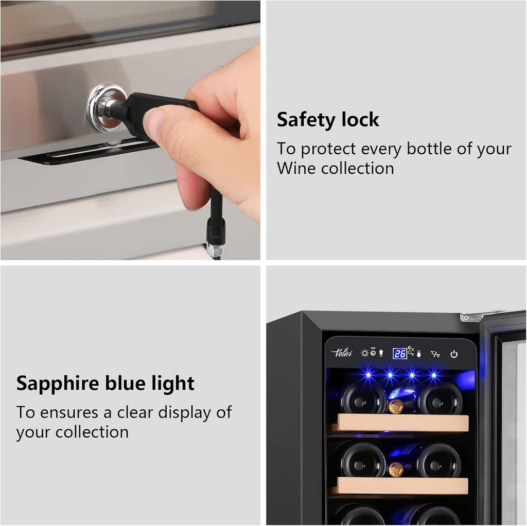 Velivi Mini Wine Fridge 18 Bottle Capacity,Built-in or Freestanding Professional Wine Chiller with Quiet and Stable Temperature Control Systems.