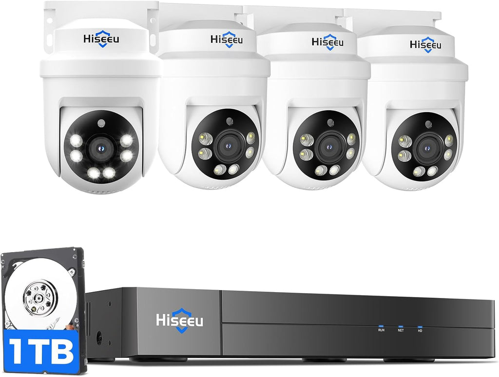 Hiseeu 3K 360°View PTZ Wired Security Camera System with Color Night Vision,Audio 8ch 5MP DVR,4PCS Cameras,1TB HDD,Person/Vehicle Detection,Home CCTV Camera System Outdoor,24/7 Record