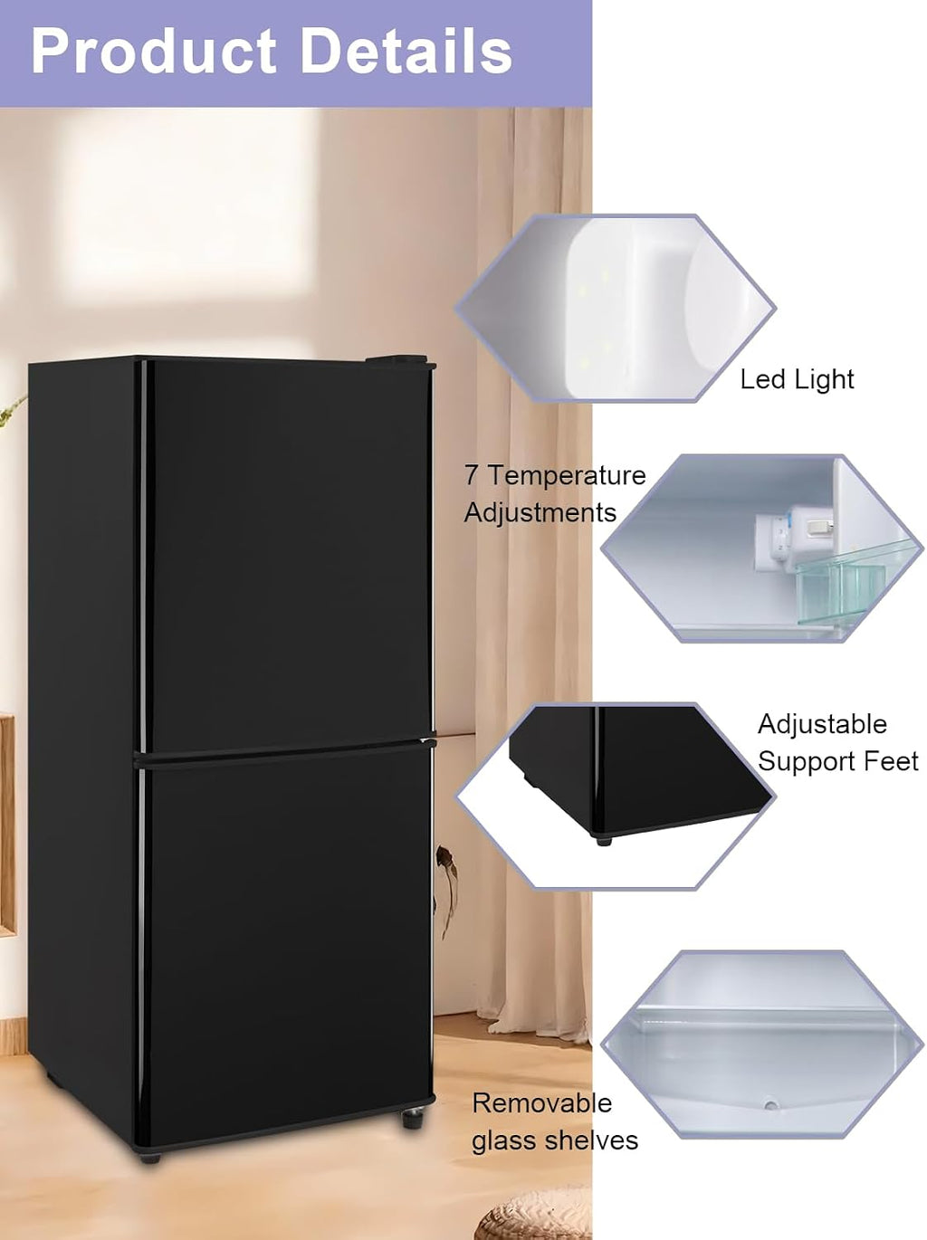 KRIB BLING Refrigerator with Freezer 4.0 Cu.Ft with 7 Level Adjustable Thermostat Control 2 Door Energy Saving Bottom Freezer Compact Refrigerator Black