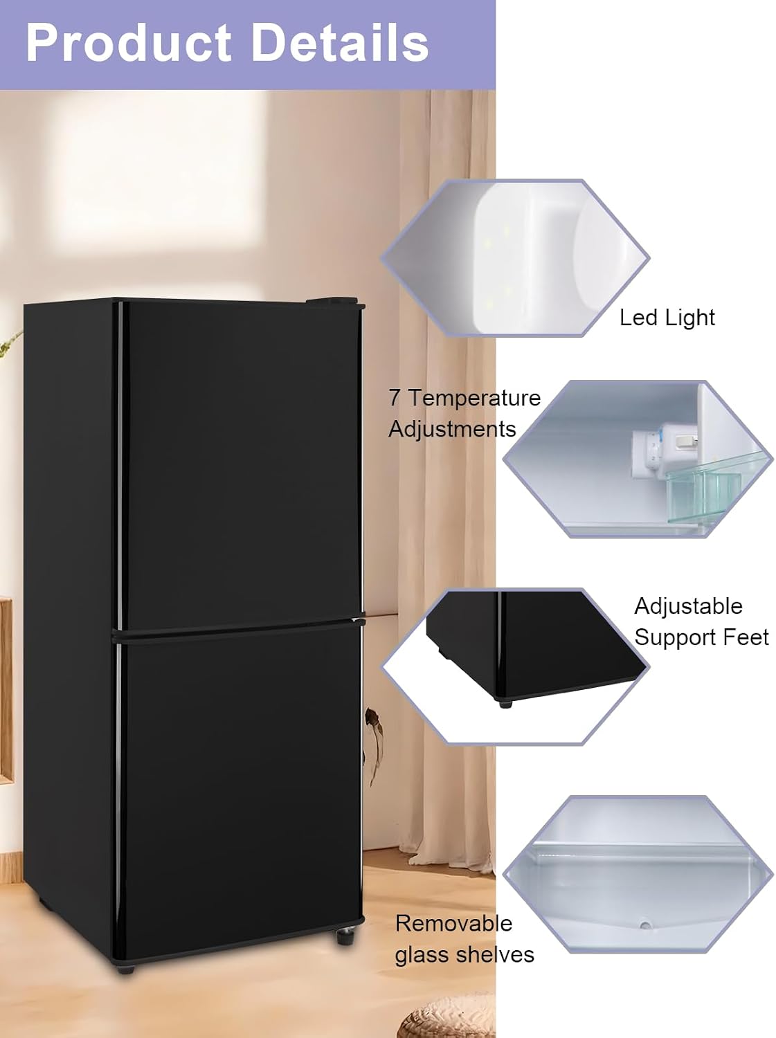 KRIB BLING Refrigerator with Freezer 4.0 Cu.Ft with 7 Level Adjustable Thermostat Control 2 Door Energy Saving Bottom Freezer Compact Refrigerator Black