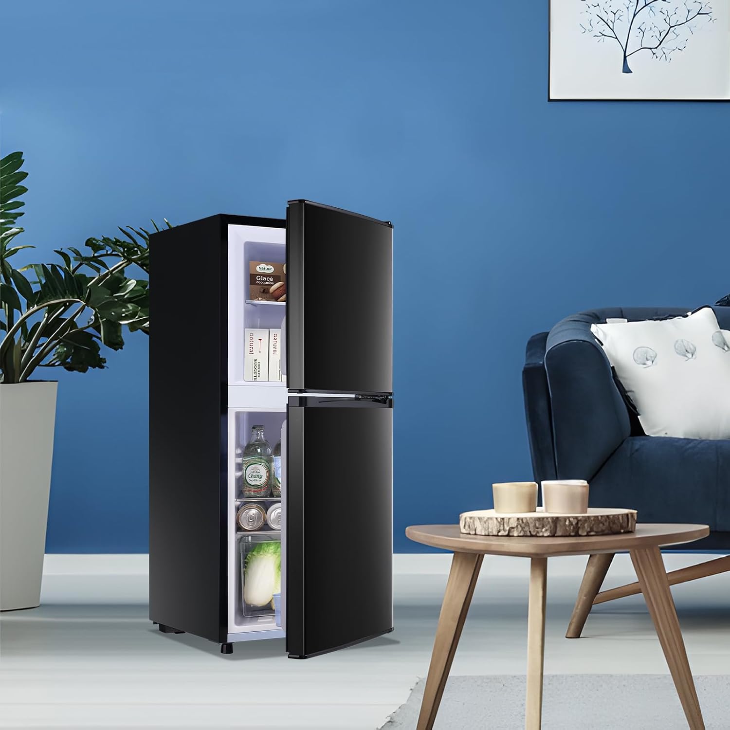 DEMULLER 3.88 CU.FT Capacity Refrigerator with Freezer Double Door Mini Fridge Small Refrigerator with 7 Adjustable Temp Control & 3 Glass Shelves for Kitchen Office Dorm Black
