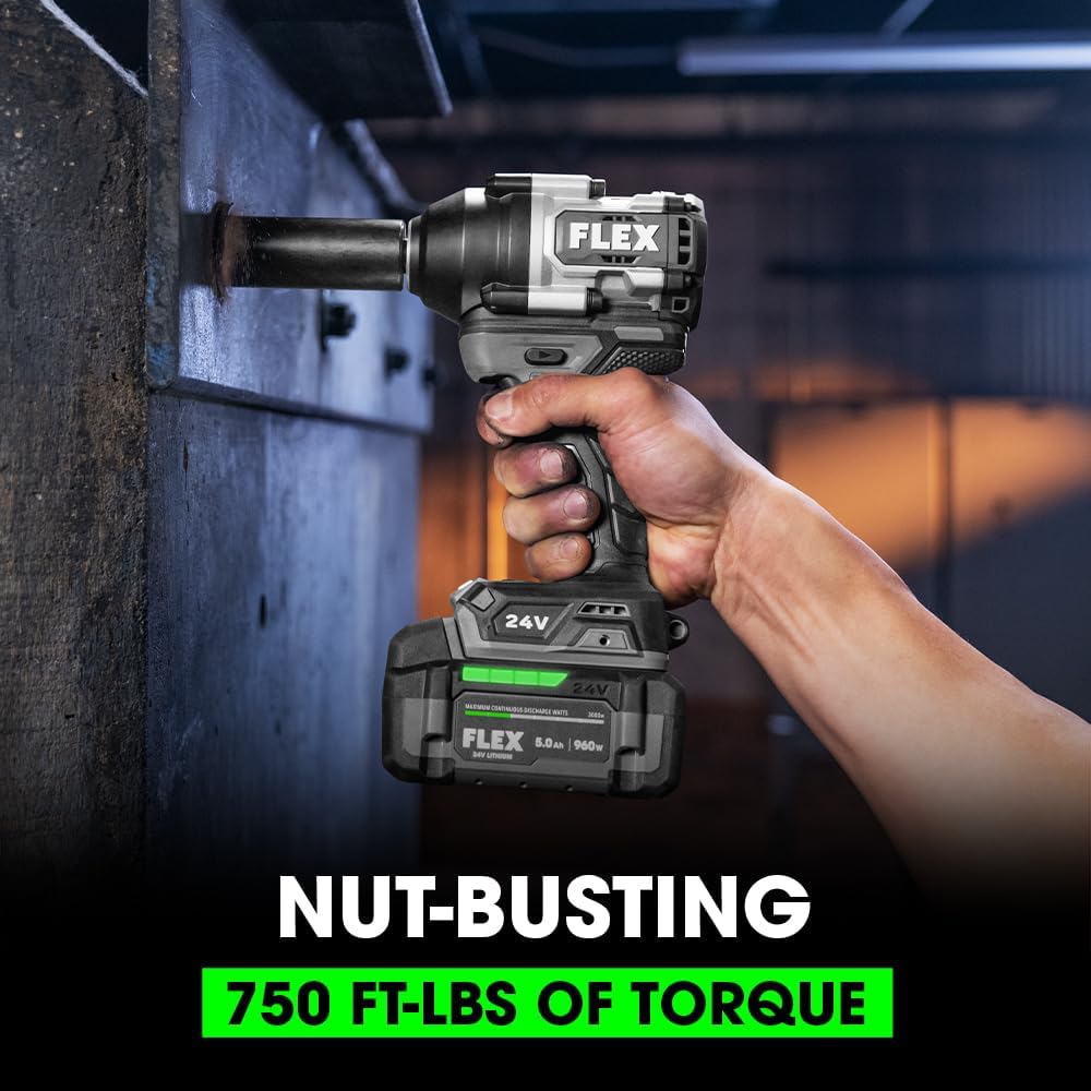 FLEX 24V Brushless Cordless 1/2-Inch 750 Ft-Lbs Mid-Torque Impact Wrench Kit with 5.0Ah Lithium Battery and 160W Fast Charger - FX1451-1C