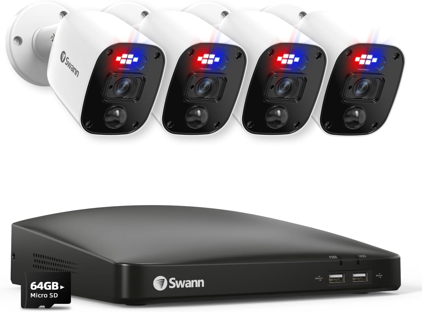 Swann Security Camera System, 1080P Full HD DVR, Wired, 4 Channels 4 Camers, Home/Outdoor, 24/7 Recording, Deterrent Red & Blue Lights, Color Night Vision, Human Vehicle Detection, 446854MQB