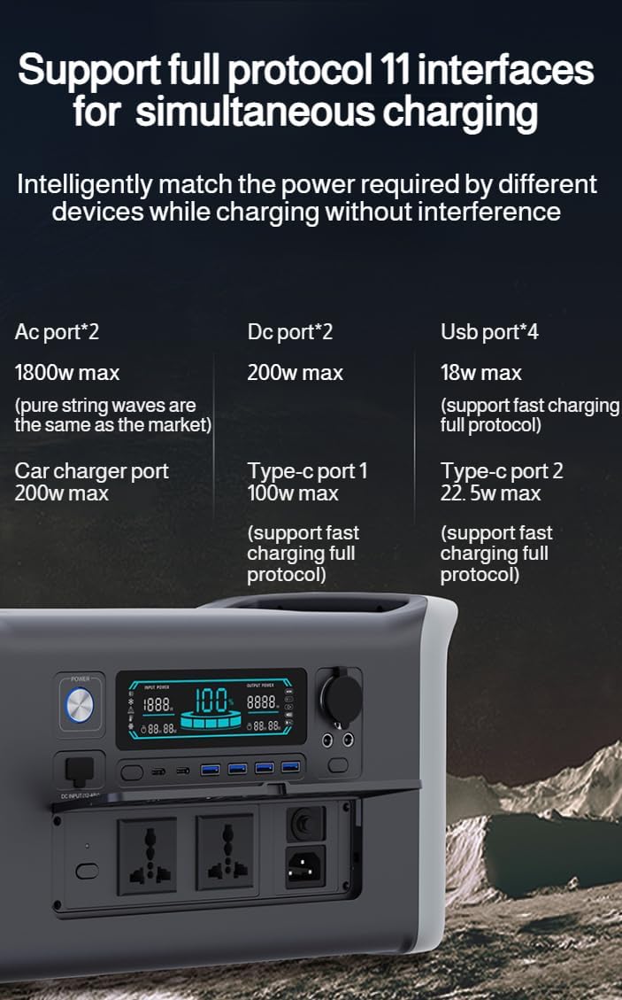 [Ellniges]【1-Hour Fast Charging】2000W Outdoor Power Station 320000mAh Solar Generator with LCD Display, 12 Safety Protections for Home Backup & Camping, 11-Port Portable Battery w/Sine Wave Inverter