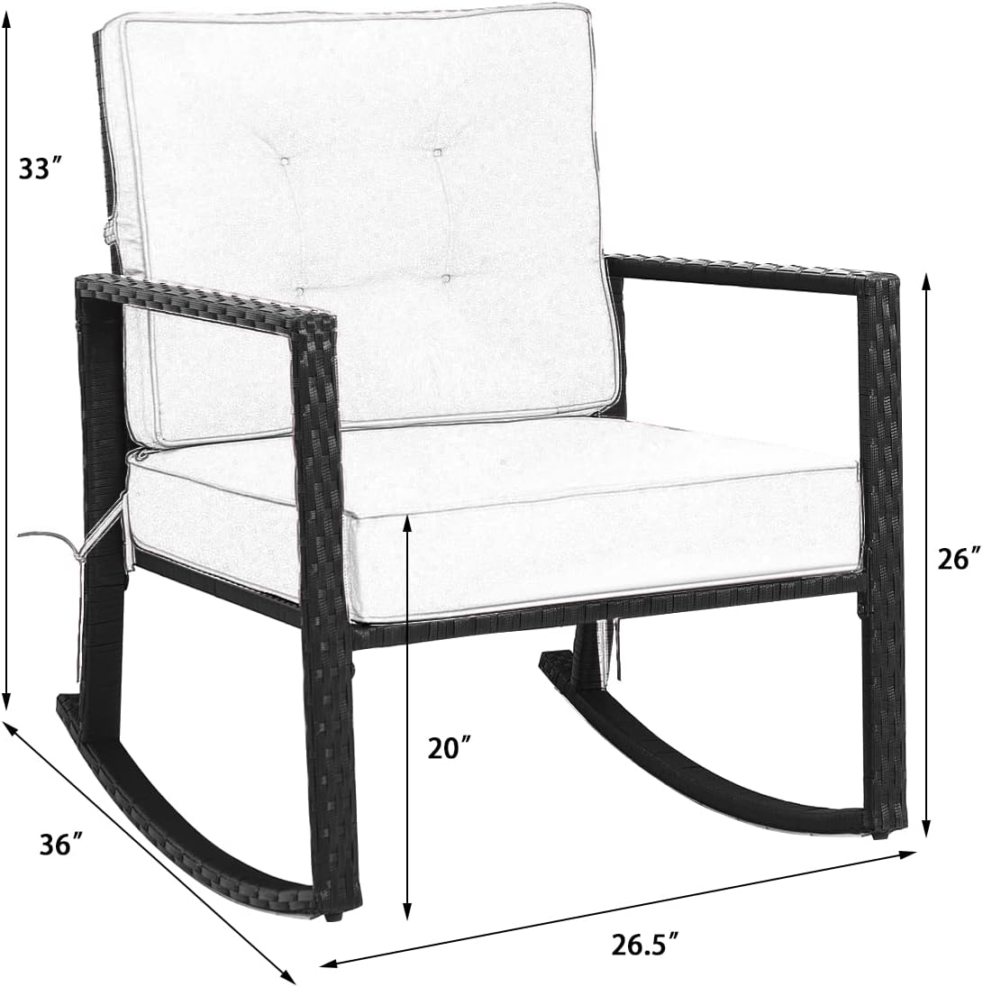 HAPPYGRILL Wicker Rocking Chair, Outdoor Patio Glider Chair with Heavy-Duty Frame, Thick Cushion, Rattan Rocking Chair for Backyard Garden Porch