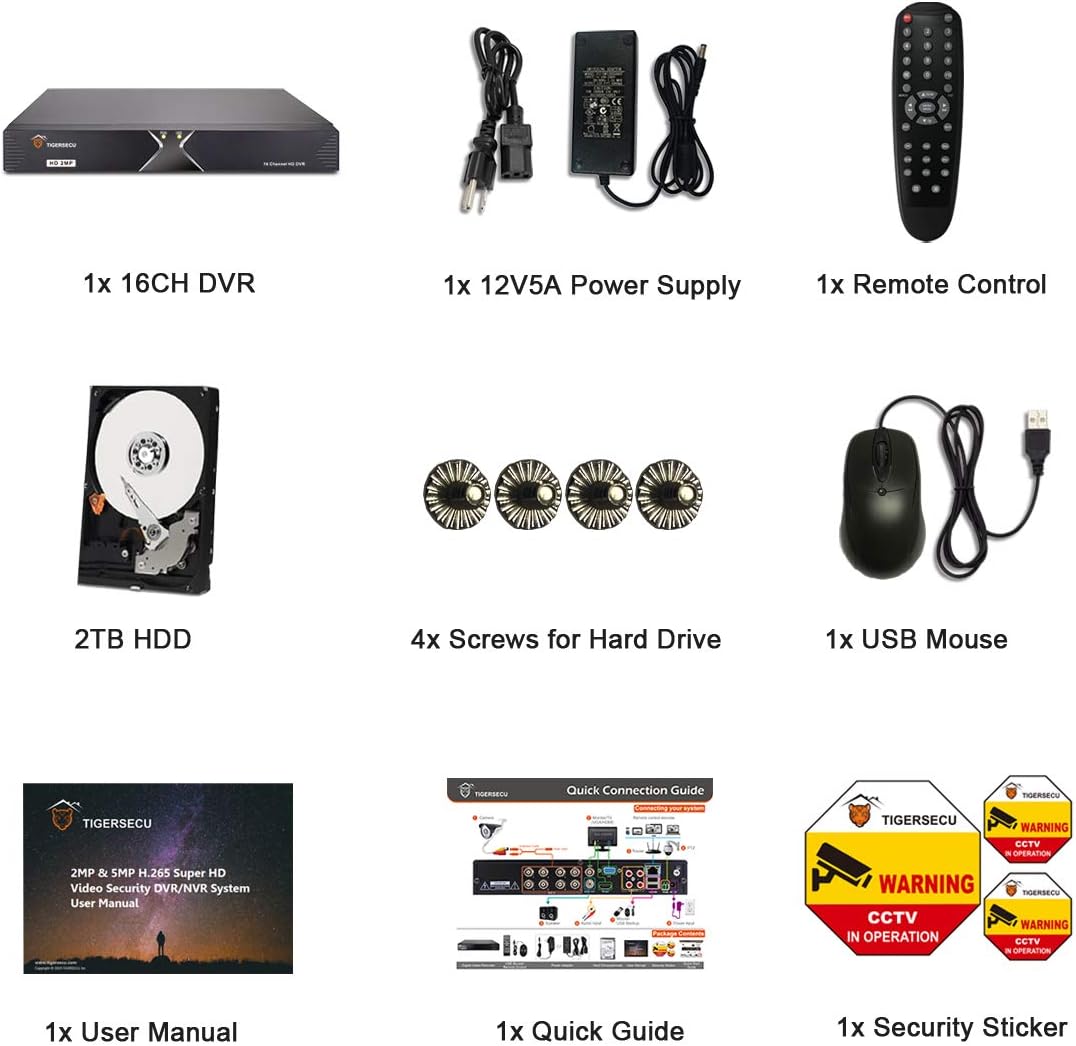TIGERSECU Super HD 1080P 16 Channel DVR Security Recorder with 2TB Hard Drive, H.265 Hybrid 6-in-1 CCTV DVR Recorder Compatible with 2MP and 5MP TVI, AHD, CVI, Analog, RS485 PTZ and IP Cameras