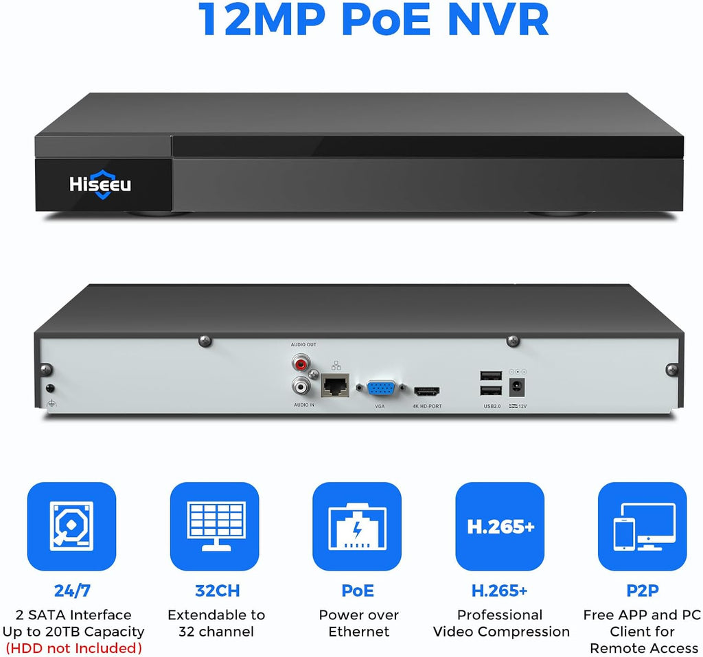 Hiseeu 12MP 32CH PoE NVR Network Video Recorder for Home Security Camera System, Work with 12MP/8MP/5MP/4MP/3MP/1080P PoE Security Camera, Motion Detect,24/7 Recording, Smart Playback, No Hard Drive