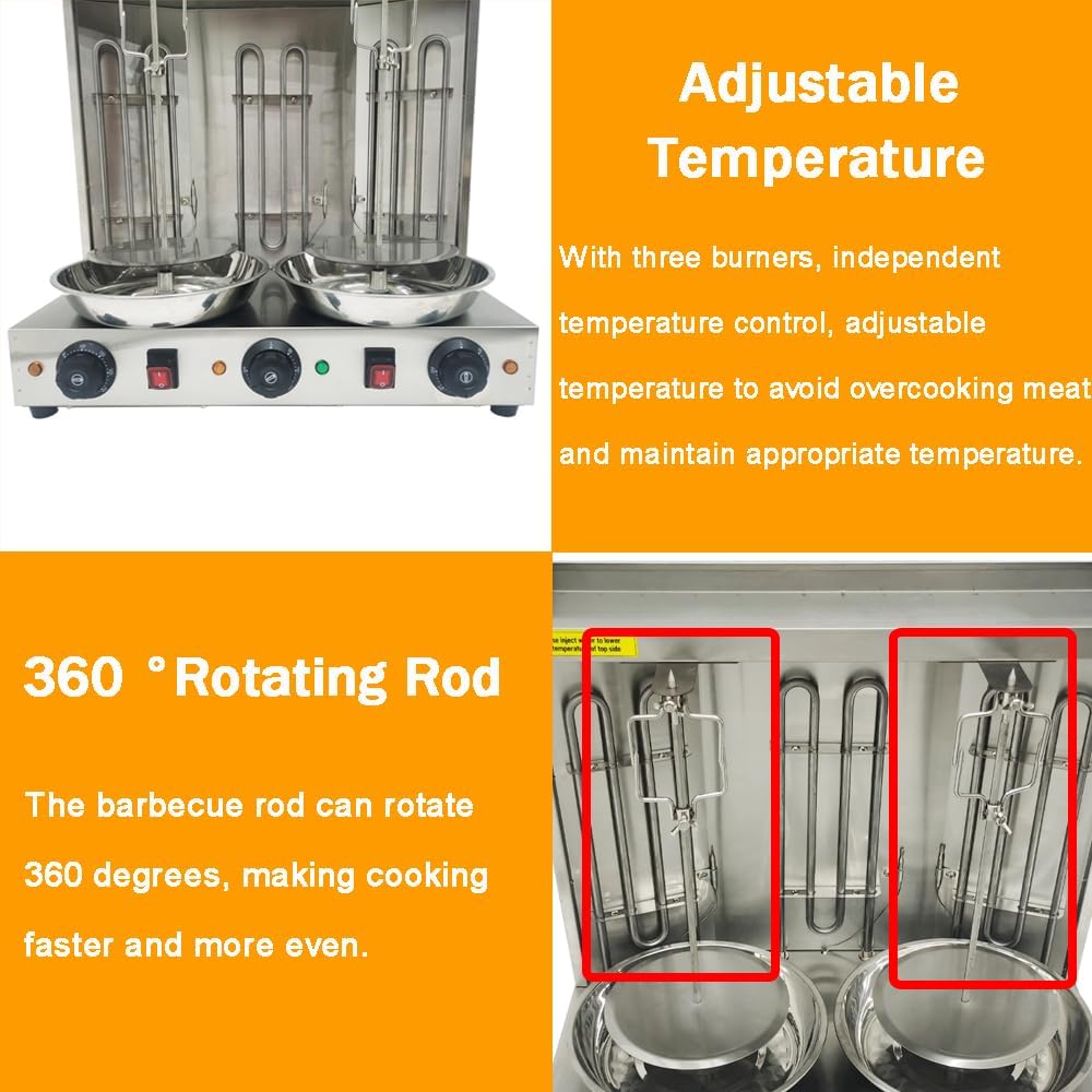 Shawarma Grill Machine Electric Vertical Barbecue Oven with 3 Burners 360° Rotating Kebab Grill Broiler Gyro Rotisserie Oven for Commercial and Home Use