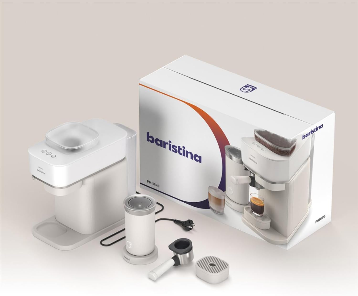 Philips Baristina Espresso Machine+Milk Frother Bundle. Real espresso. Compact coffee machine,portafilter, grinder, Cafe Crema. Dairy & Non-Dairy Milk foam. Hot & Cold. Easy Clean. White (BAR303/00)