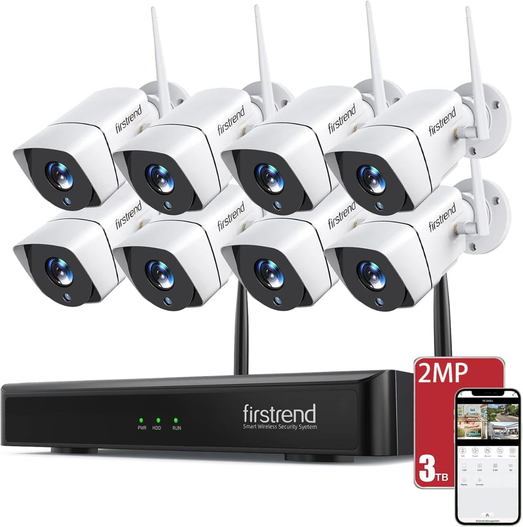 (2026 New) Firstrend WiFi Wireless Security Camera System, 8Ch NVR with 8 CCTV Bullet Cameras & 3TB HDD, No Monthly Fees, AI Human Detection, 2-Way Audio, IP66 Waterproof, H.265, 24/7 Recording