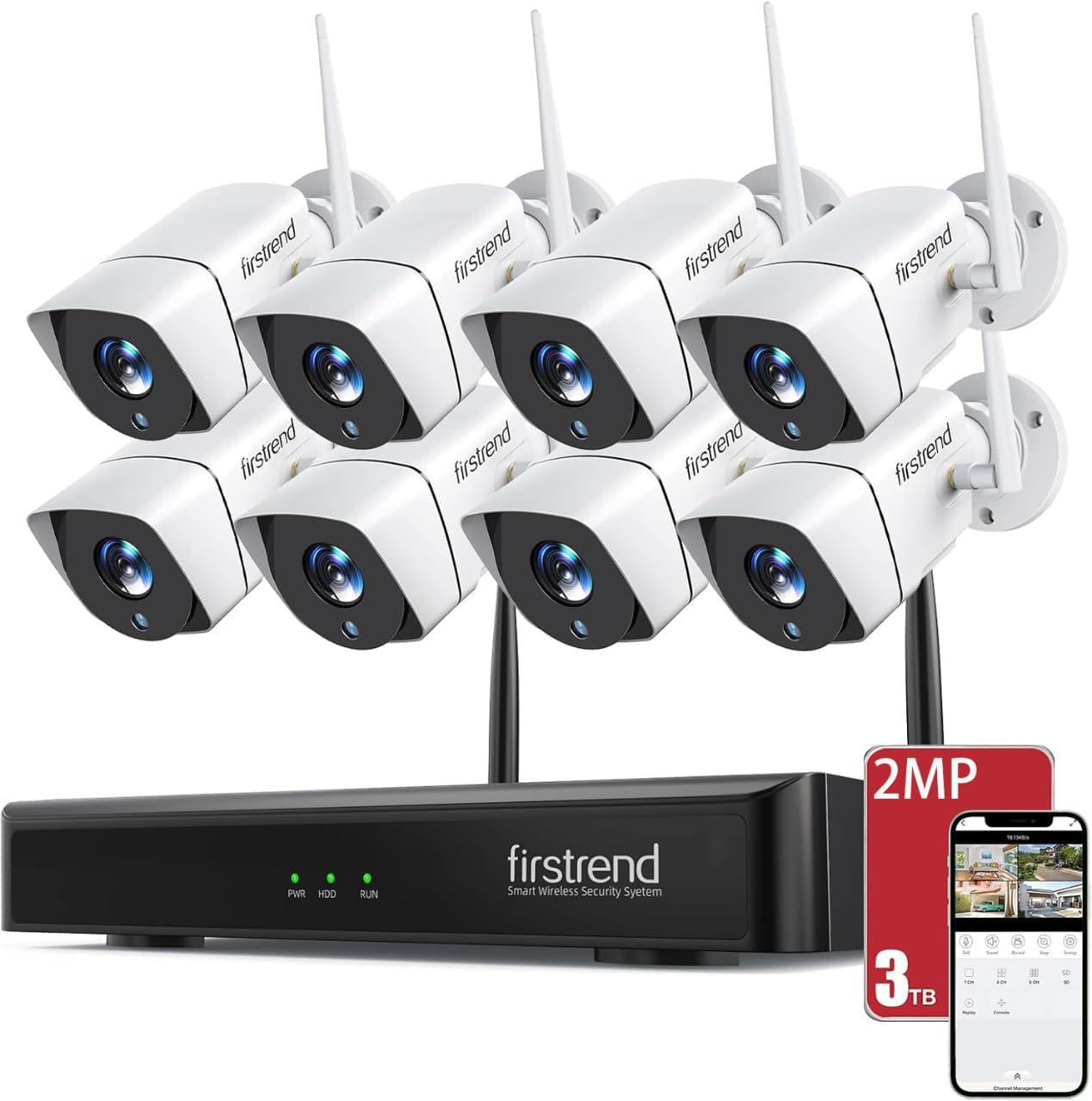 (2026 New) Firstrend WiFi Wireless Security Camera System, 8Ch NVR with 8 CCTV Bullet Cameras & 3TB HDD, No Monthly Fees, AI Human Detection, 2-Way Audio, IP66 Waterproof, H.265, 24/7 Recording