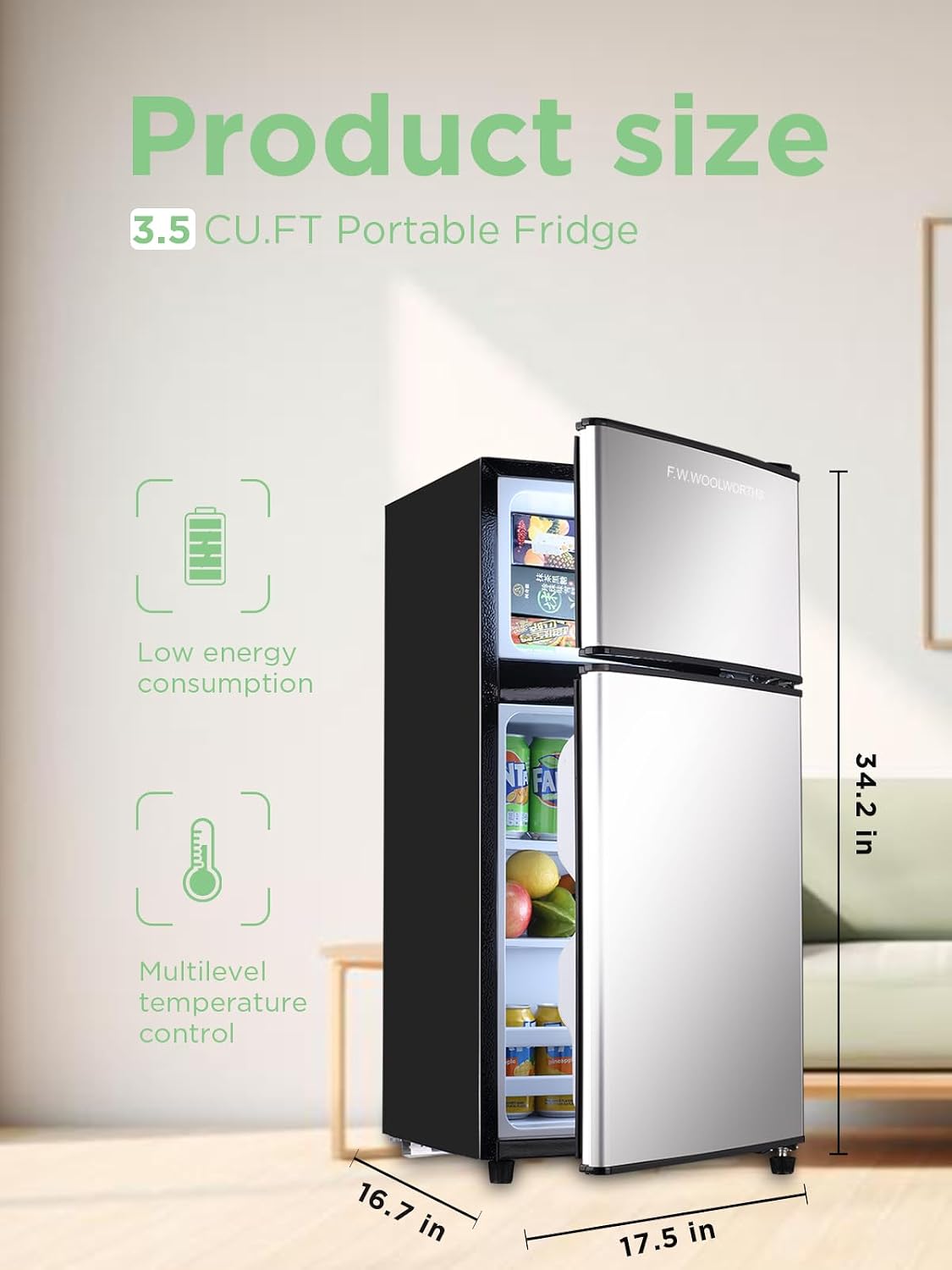 F.W.WOOLWORTHS 3.5 Cu.Ft Refrigerator with Freezer, 2 Doors Fridge with Adjustable Thermostat Control, Refrigerator for Kitchen, Dorm, Apartment, Garage, Office, Silver