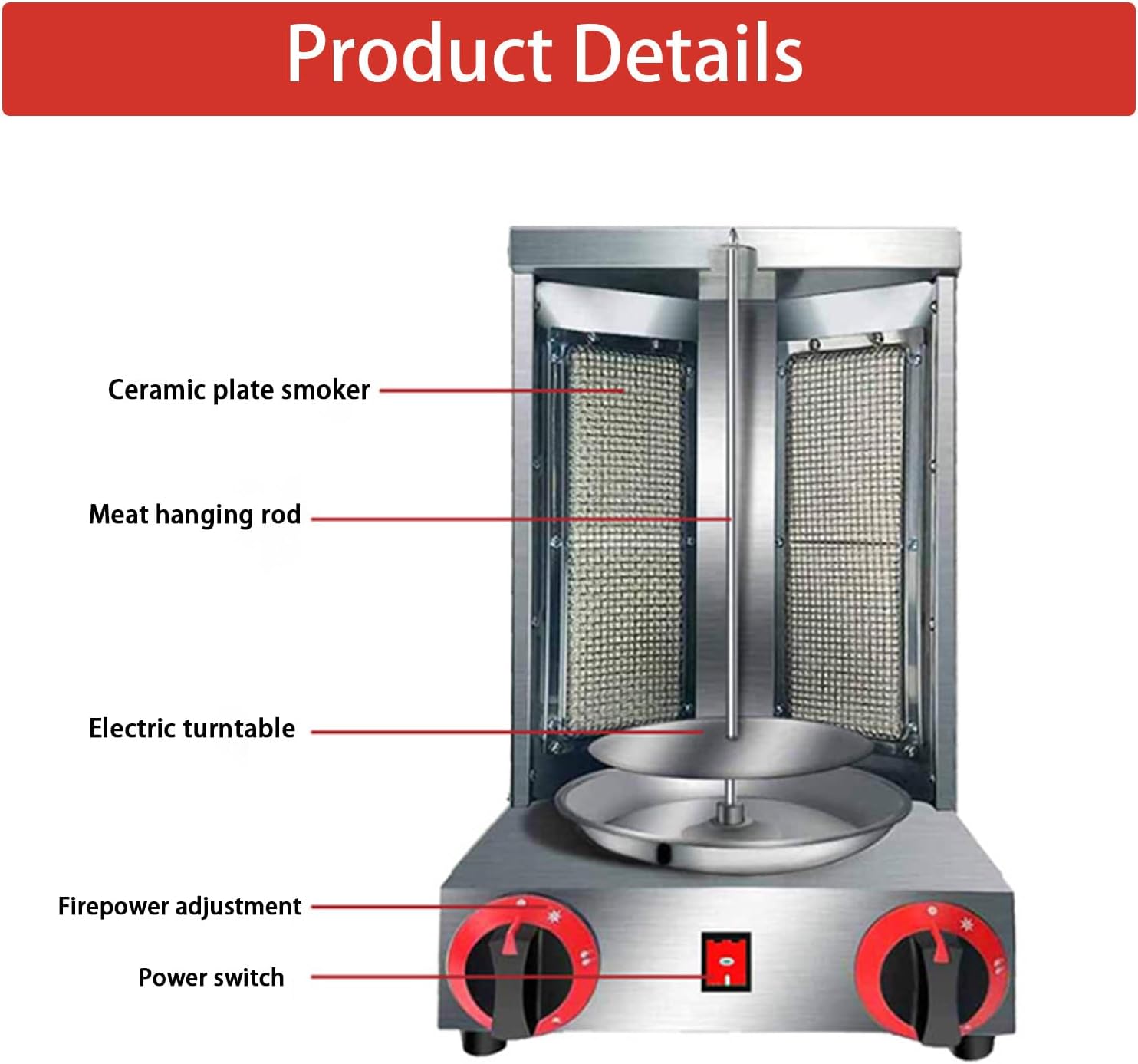 Vertical BBQ Machine Commercial,Stainless Steel Gas Kebab Grill Machine,Adjustable Temperature,360° Rotating Heating,Removable for Cleaning,for Restaurant Home Kitchen Use
