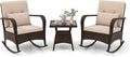 Tangkula 3 Pieces Rocking Bistro Set, Patiojoy Outdoor PE Rattan Rocker Chairs with Removable Cushions & Tempered Glass Top Coffee Table, Outdoor Wicker Furniture Set for Porch, Garden (Brown)