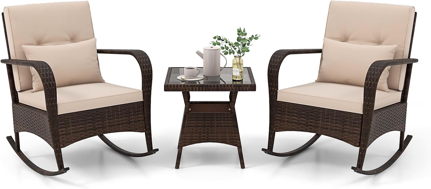 Tangkula 3 Pieces Rocking Bistro Set, Patiojoy Outdoor PE Rattan Rocker Chairs with Removable Cushions & Tempered Glass Top Coffee Table, Outdoor Wicker Furniture Set for Porch, Garden (Brown)