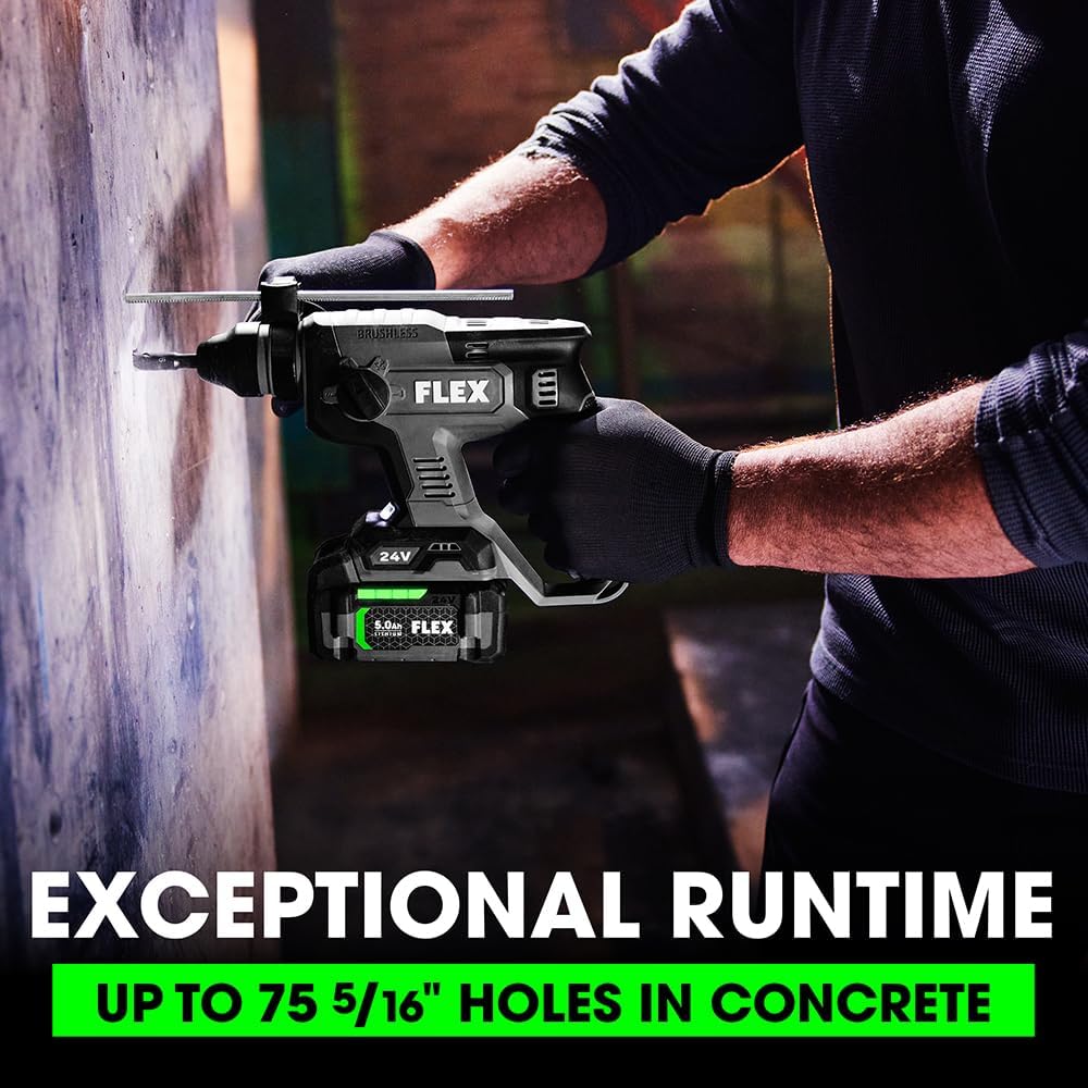 FLEX 24V Brushless Cordless 7/8-Inch SDS Plus 1.3 Ft-Lbs Torque Rotary Hammer Kit with 5.0Ah Lithium Battery and 160W Fast Charger - FX1531-1C, Grey/Black