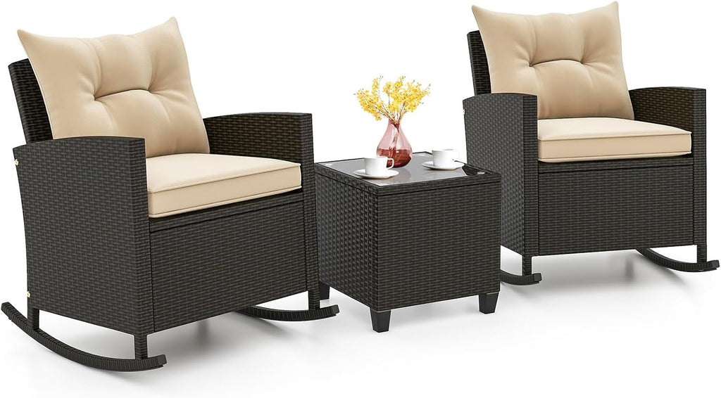 KOTEK 3 Piece Patio Furniture Rocking Bistro Set, Wicker Outdoor Rocking Chairs & Glass Table, PE Rattan Conversation Set for Porch, Balcony, Deck, Poolside (Mix Brown- Beige)
