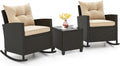 KOTEK 3 Piece Patio Furniture Rocking Bistro Set, Wicker Outdoor Rocking Chairs & Glass Table, PE Rattan Conversation Set for Porch, Balcony, Deck, Poolside (Mix Brown- Beige)