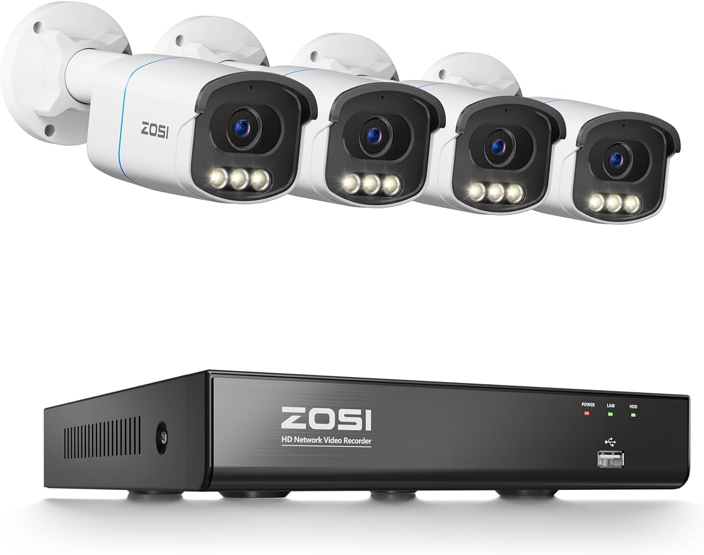 ZOSI 8CH 4K PoE Security Camera System, 8MP 8CH Home Surveillance NVR, 4pcs C186 Aurora Lux Outdoor Indoor Cameras,True Full Color Night Vision,Person Vehicle Detection,2 Way Audio, No HDD Included