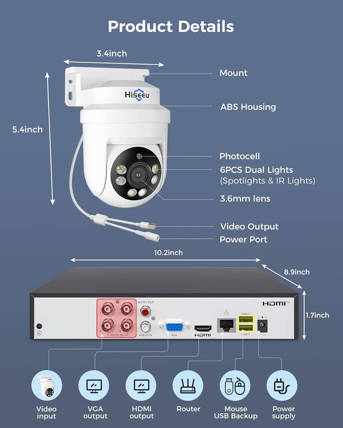 Hiseeu 3K 360°View PTZ Wired Security Camera System with Color Night Vision,Audio,4ch 5MP DVR,2PCS Cameras,500G HDD,Person/Vehicle Detection,Home CCTV Camera System