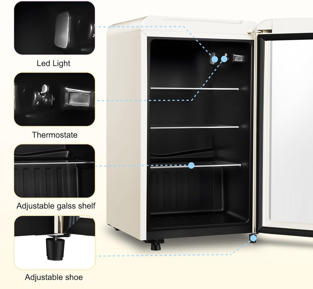 Retro Beverage Refrigerator, 3.2 Cu.Ft Mini Fridge with Glass Door, Vintage Freestanding Drink Cooler for Office, Bar, Home, Adjustable Shelving, Adjustable Thermostat (White)
