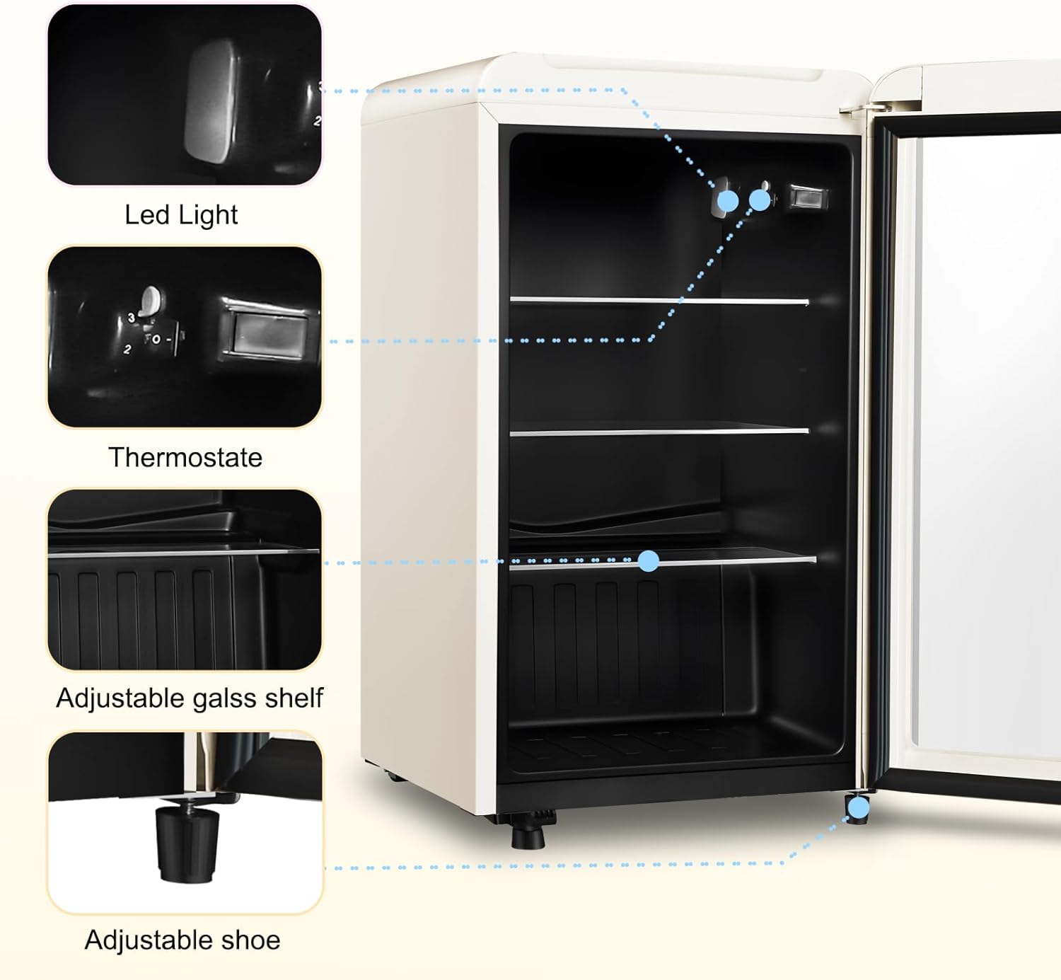 Retro Beverage Refrigerator, 3.2 Cu.Ft Mini Fridge with Glass Door, Vintage Freestanding Drink Cooler for Office, Bar, Home, Adjustable Shelving, Adjustable Thermostat (White)
