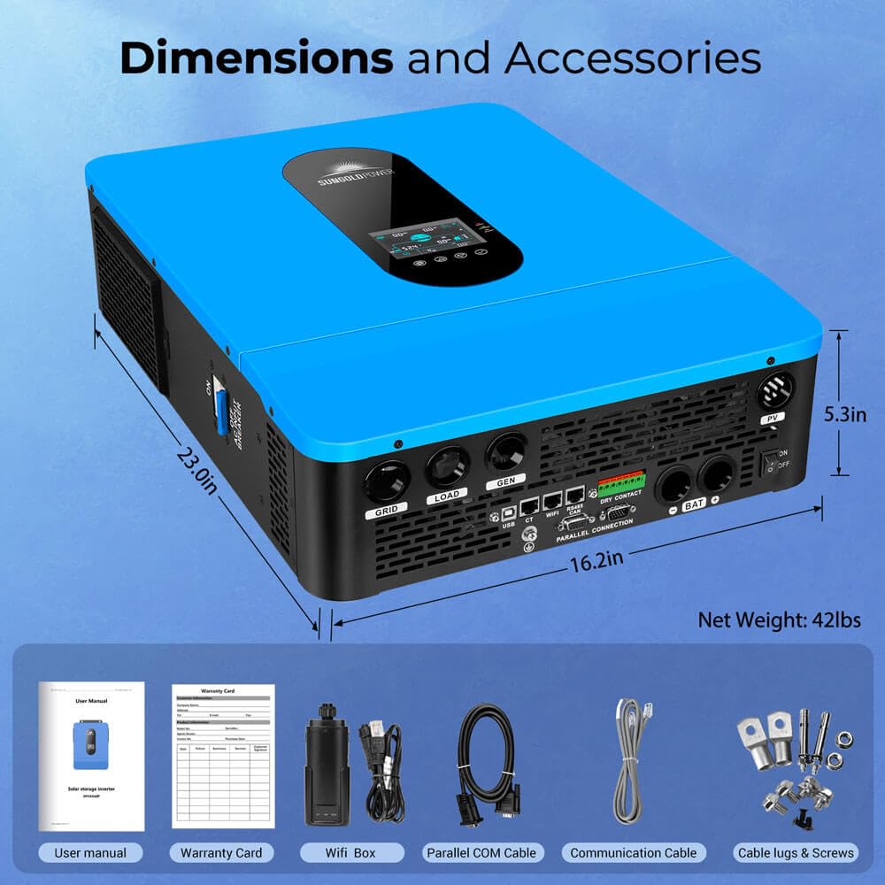 SUNGOLDPOWER 6500W 48V Solar Inverter, Split Phase,Built-in 2 MPPTs, Max 140A Battery Charging, AC Input/Output 120V/240V(settable),Pure Sine Wave Inverter(Parallel/WiFi/BMS COMM) UL1741