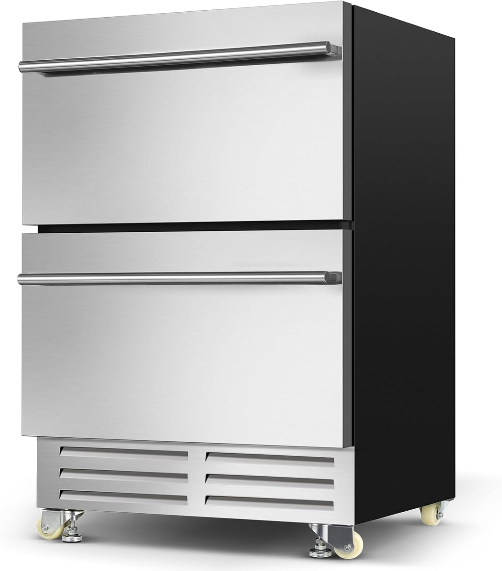 24 Inch Dual Drawer Fridge Under Counter with Wheels, Outdoor Beverage Refrigerator for Patio, Stainless Steel Weather-Proof, Freestanding or Built-In Installation, Ideal for Home and Commercial Use