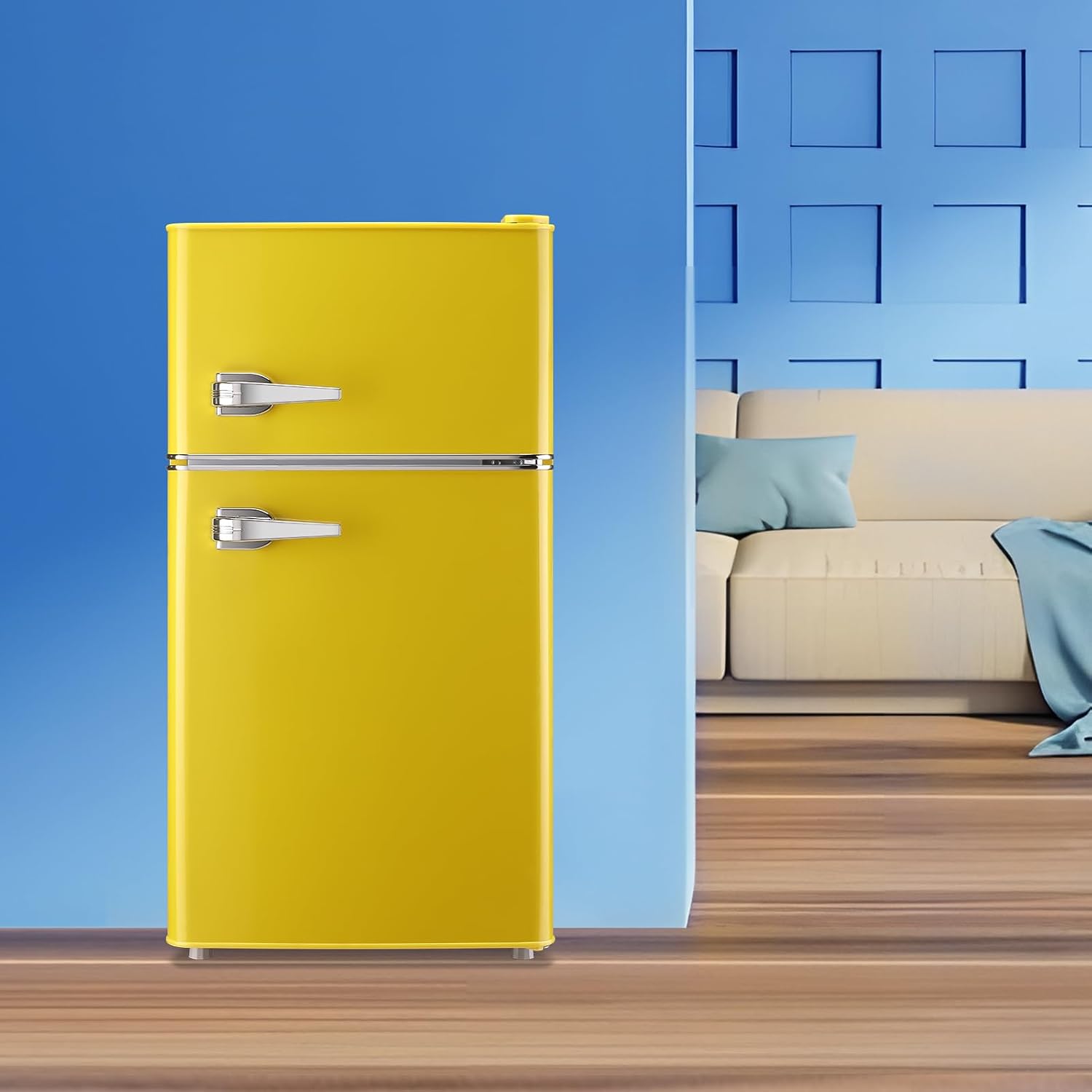 WANAI 3.5 Cu.Ft Retro Refrigerator 2 Door Mini Fridge with Freezer and 2 Handles 7 Level Adjustable Thermostat Control Top-Freezer Refrigerator for Home Dorm Apartment Yellow