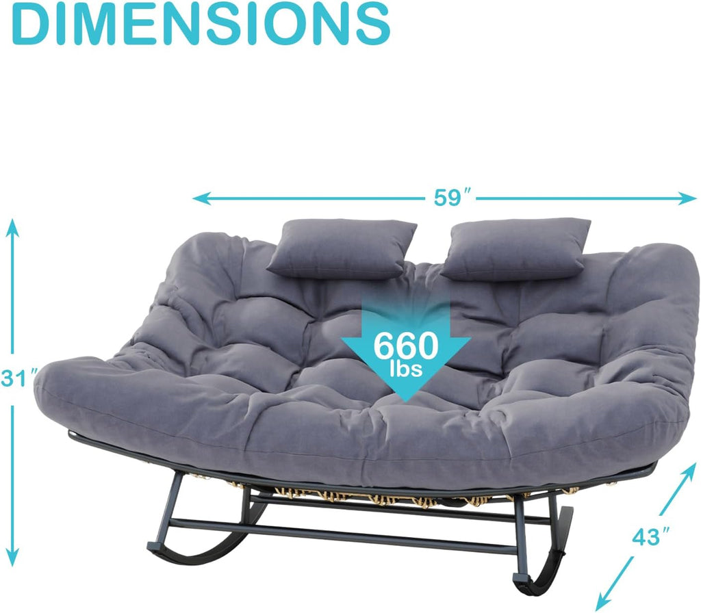 ROCSUMOO Double Outdoor Rocking Papasan Chair, Oversized Rocking Chair for 2-Person, Loveseat Rocker with Soft Cushion & Rattan Frame, Large Lounge for Patio Garden Balcony (Gray)
