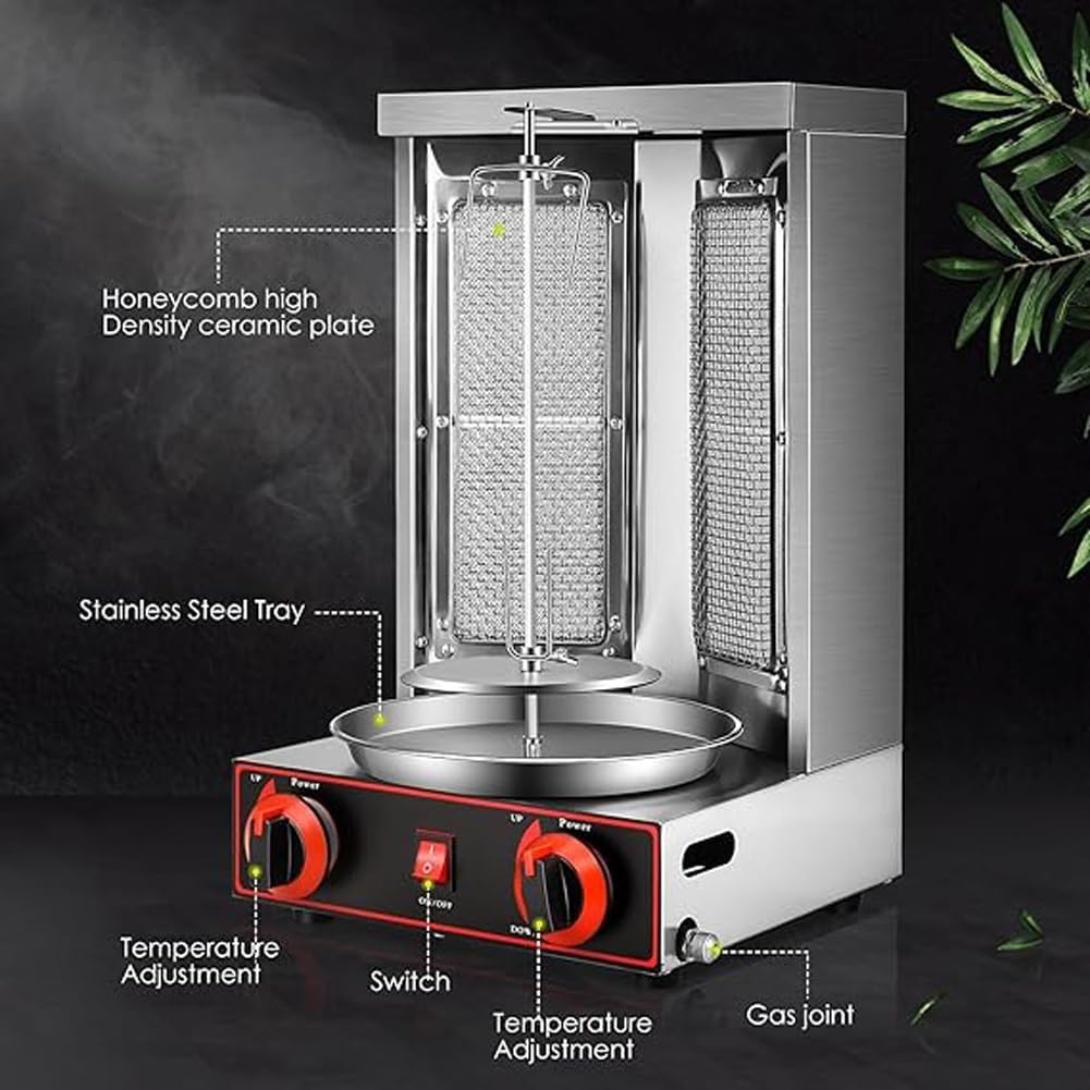 Commercial Vertical BBQ Shawarma Machine, 360° Rotating Automatic Propane Broiler with 2 Burners, Rotisserie Oven Doner Kebab Grill Machine, Adjustable Temperature,for Restaurant Home Kitchen Use