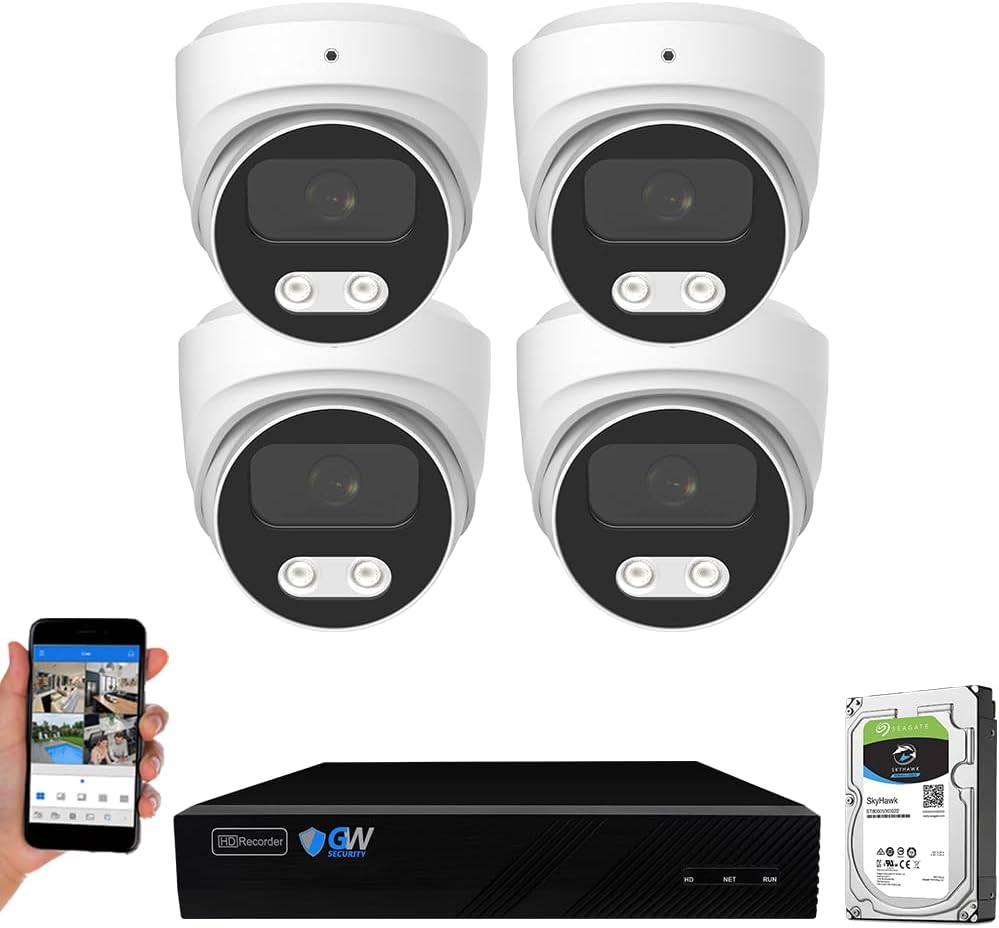 GW Security 8 Channel 12MP NVR 4K Security Camera System with 4 x 8MP PoE Spotlight Color Night Vision Outdoor/Indoor Microphone Turret Cameras, Smart AI Human/Vehicle Detection