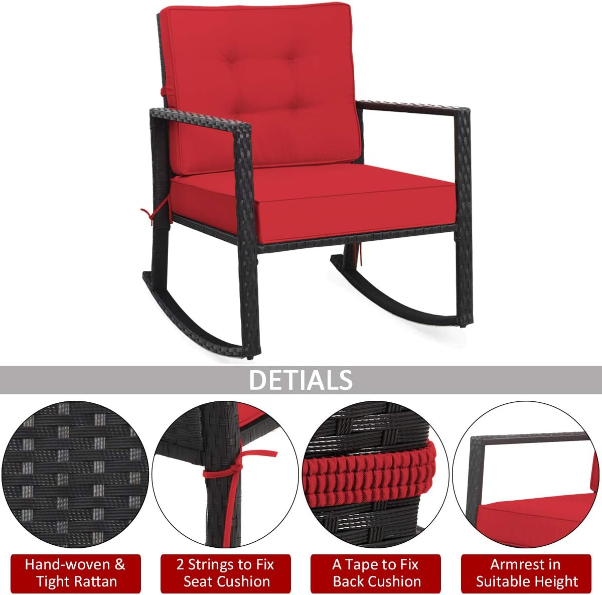 HAPPYGRILL Wicker Rocking Chair, Outdoor Patio Glider Chair with Heavy-Duty Frame, Thick Cushion, Rattan Rocking Chair for Backyard Garden Porch
