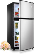 KRIB BLING 3.5 Cu.Ft Mini Fridge,Small Refrigerator 7 Level Adjustable Thermostat Removable Shelves with Stainless Steel 2 door for Office Dorm Apartment Silver