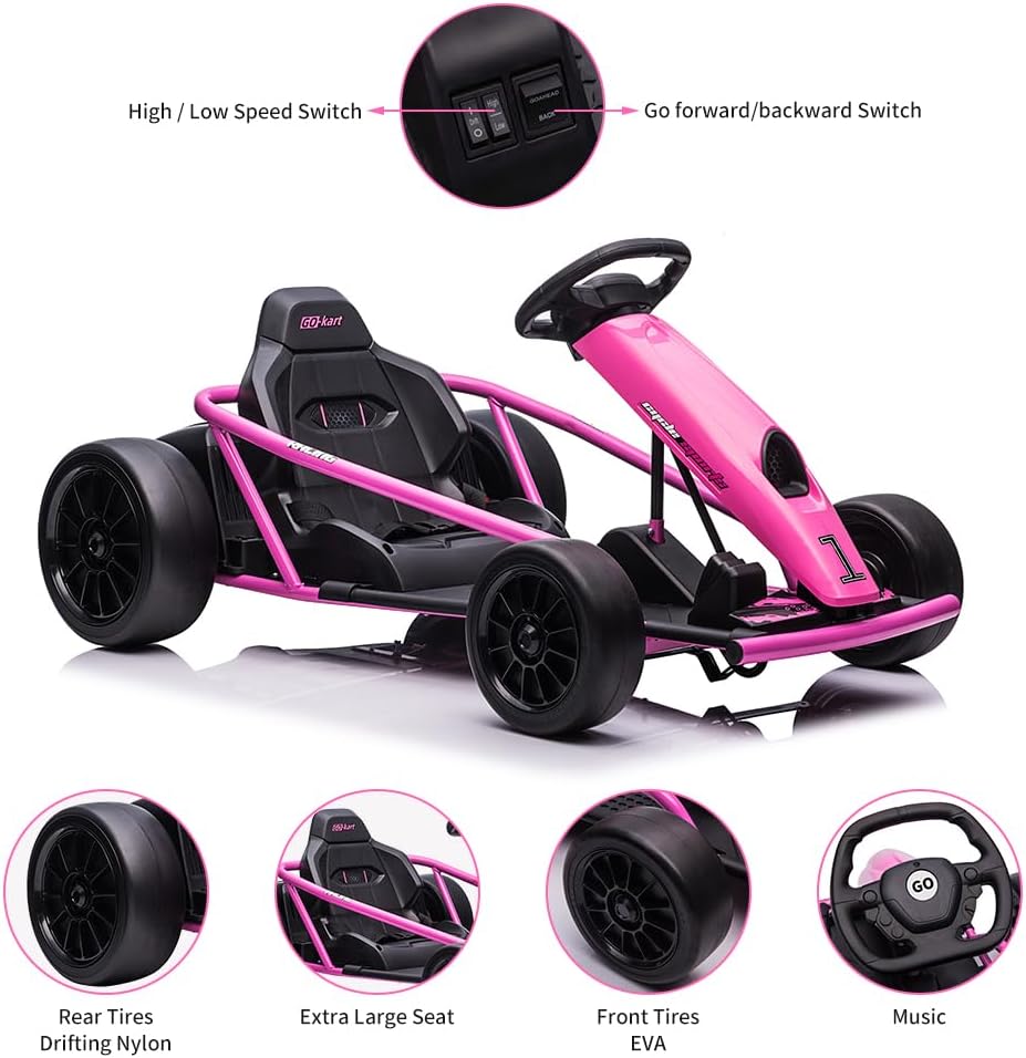 Go Kart, Big Kids Electric Karts, 24v 2 x 300w 8MPH Support for Smooth Slew Drift with Slow Start and Seat Belt for Double Protection, with Musical Horns, Maximum Load 180Lbs, for Kids 8-11 Year