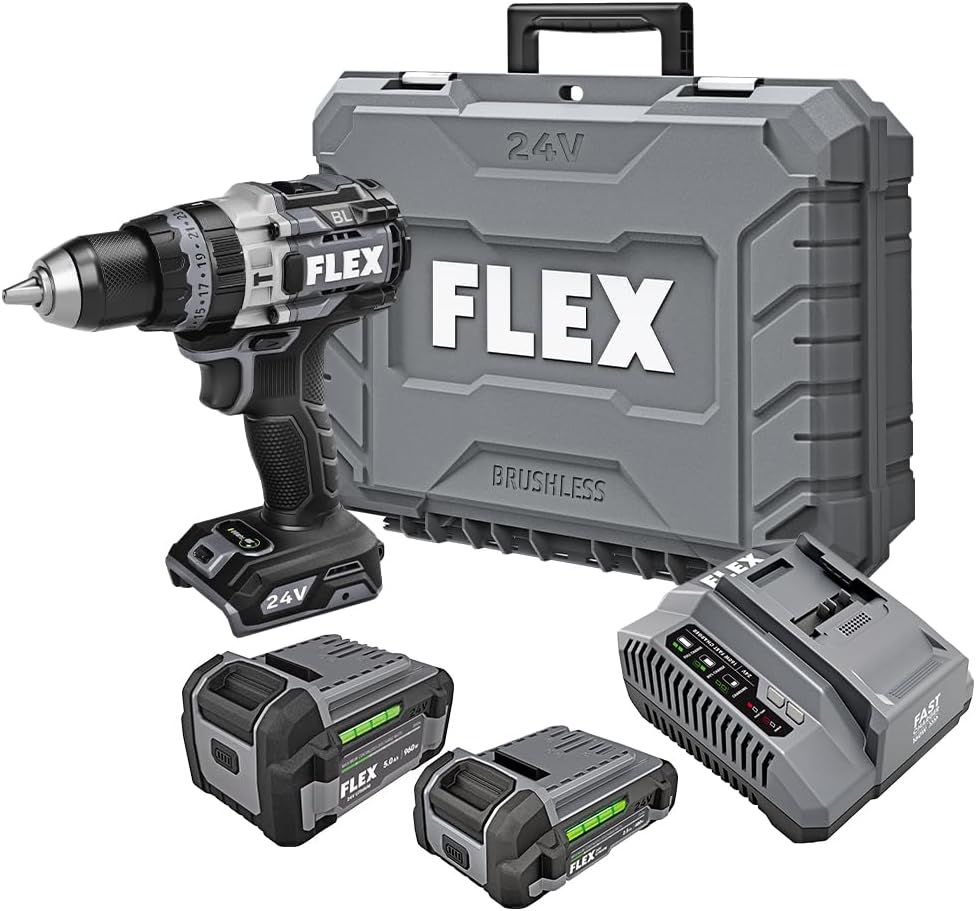 FLEX 24V Brushless Cordless 1/2-Inch 1,400 In-Lbs Torque 2-Speed Hammer Drill Turbo Mode Kit with 2.5Ah, 5.0Ah Lithium Batteries and 160W Fast Charger - FX1271T-2B