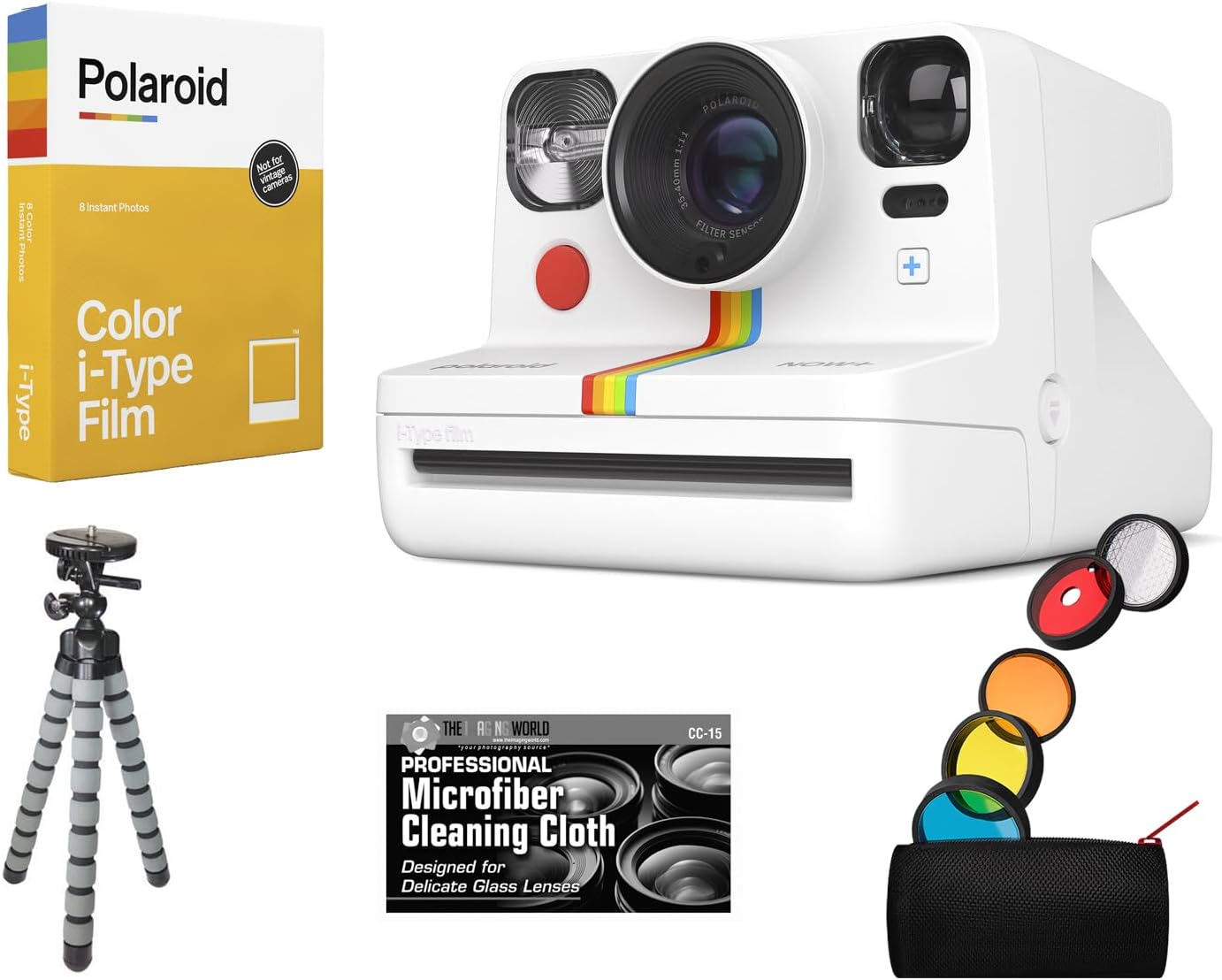 Bundle of Polaroid Now R Plus Generation 2 Bluetooth Connected I-Type Instant Film Camera (White) + Table Tripod + Pack of Film + Microfiber Cloth