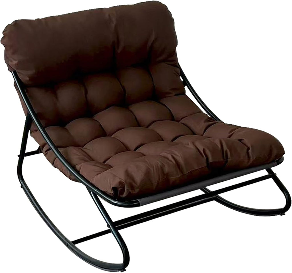 Outdoor Rocking Chair, Oversized Patio Papasan Rocking Chair with Cushion, Modern Comfy Lounge Rocker Chairs for Indoor Balcony Porch (Brown)