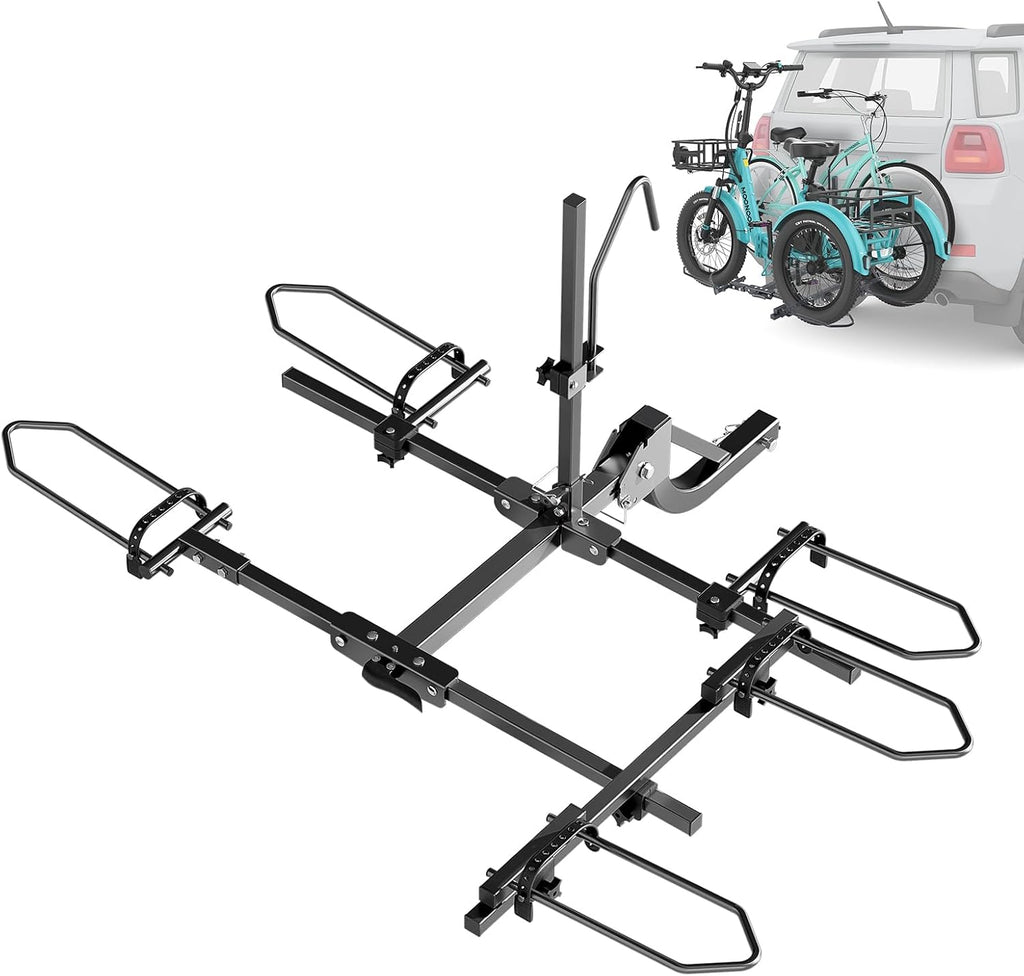 MOPHOTO Heavy-Duty Folding Trike Rack for Adult Tricycles Bicycles, Bike Hitch Mount Rack, 270 lbs Load, Fits 5' Fat Tires, 43'–59' Wheelbase, Rear Carrier with 2' Receiver for Cars, Trucks, SUVs, RVs