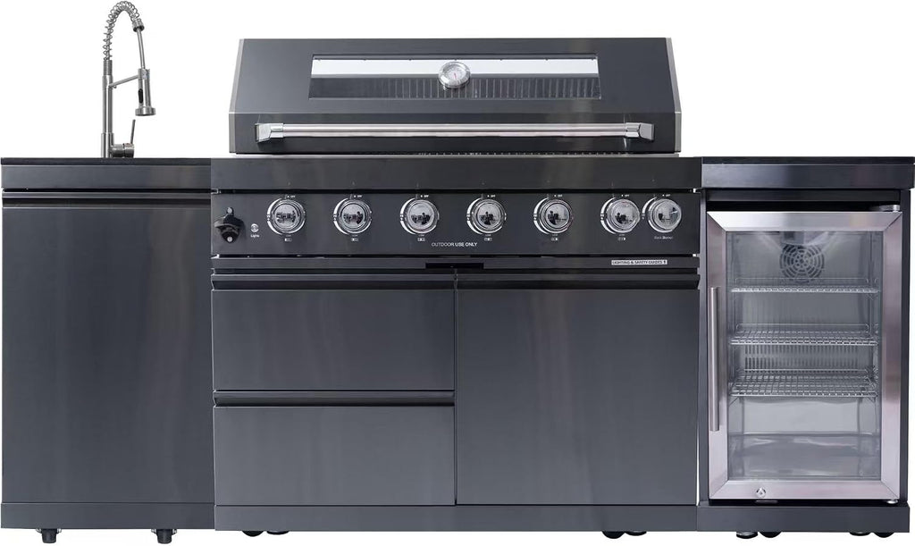 82' Outdoor Kitchen Island with 6 Burner Grill, Sink & Beverage Fridge, 85,000 BTU BBQ Grill Station for Backyard Entertaining, 304 Stainless Steel Patio Cooking Island,Black