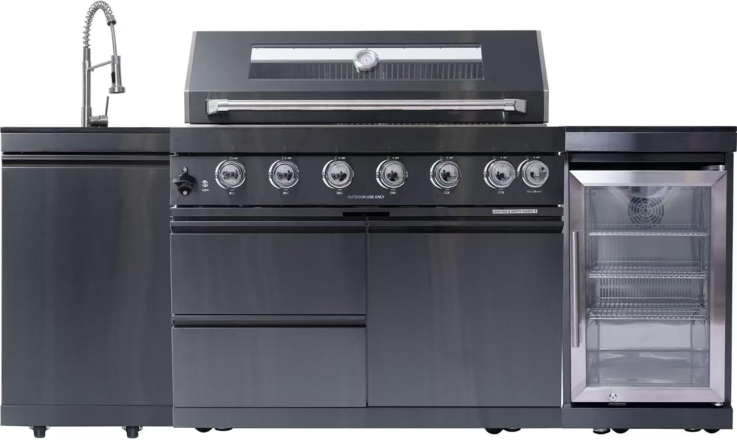 82' Outdoor Kitchen Island with 6 Burner Grill, Sink & Beverage Fridge, 85,000 BTU BBQ Grill Station for Backyard Entertaining, 304 Stainless Steel Patio Cooking Island,Black