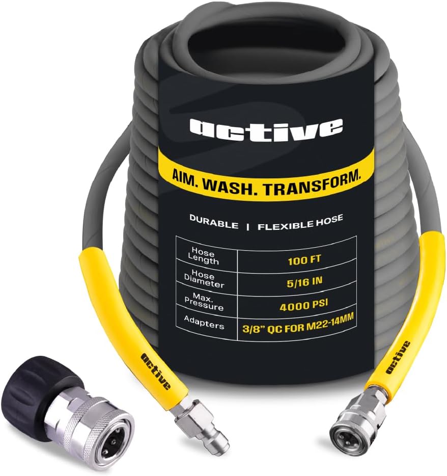 Active 100' Pressure Washer Hose Compatible with gas and electric pressure washers (M22-14mm) Kink resistant, flexible steel braided power washer hose, max operating spec of 4000PSI & 12GPM and 212°F