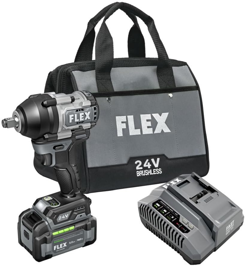 FLEX 24V Brushless Cordless 1/2-Inch 750 Ft-Lbs Mid-Torque Impact Wrench Kit with 5.0Ah Lithium Battery and 160W Fast Charger - FX1451-1C