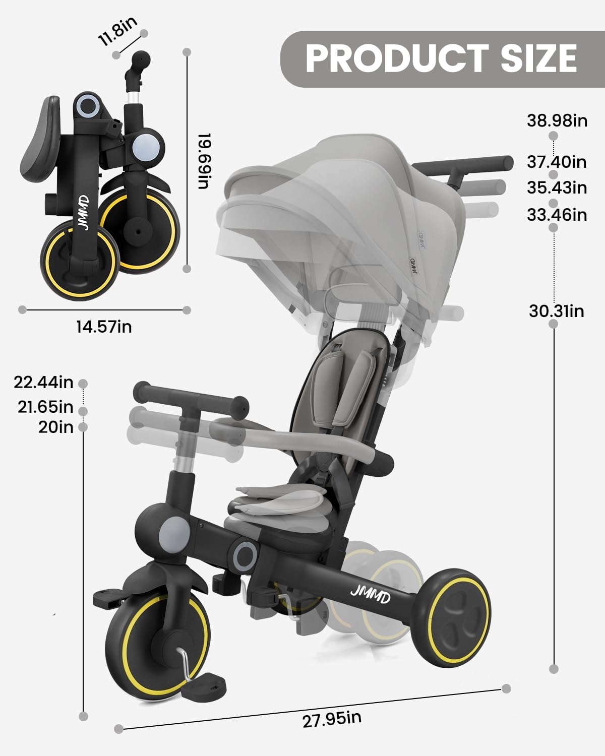 JMMD Baby Tricycle, 7-in-1 Multifunctional Kids Trike with Adjustable Parent Handle, Safety Harness & Wheel Brakes, Removable Canopy, Stroll Trike for Boys & Girls Ages 18 Months-5 Years, Black