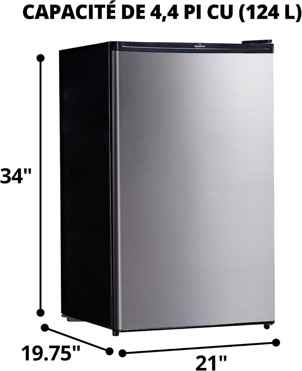 Koolatron Stainless Steel Compact Fridge with Freezer, 4.4 cu ft (124L), Silver and Black, Flat Back, Reversible Door, for Snacks, Frozen Meals, Beverages, Beer, Den, Dorm, Office, Rec Room, Home Bar